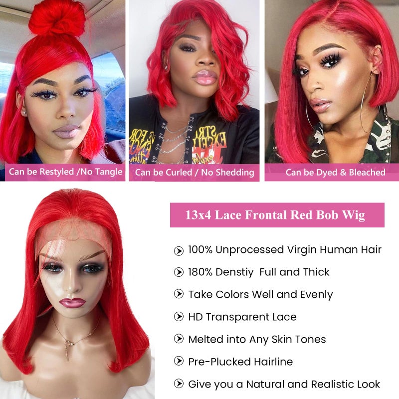 Ubetta Red Bob Wig Human Hair, 13x6 Lace Front Wigs Human Hair Pre Plucked Red Bob Wigs for Black Women 10 Inch 180% Density Slightly Bleached Knots Blunt Cut Lace Frontal Wig - Image 3